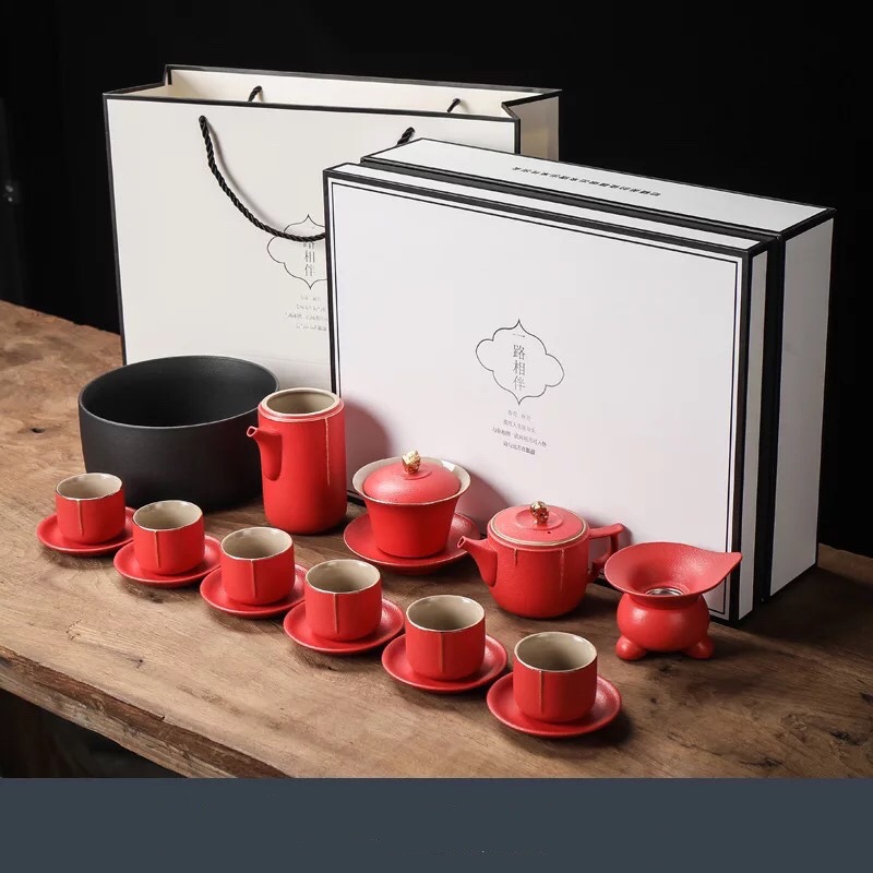 Bộ ấm trà Kung Fu cao cấp ấm pha trà gia dụng cốc trà đơn giản gốm sứ bộ trà cưới trọn bộ hộp quà văn phòng