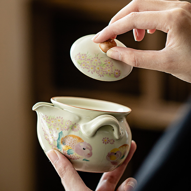 Nồi cầm tay cá vàng, bát trà gốm sứ chống bỏng gốm sứ lò Ru màu vàng Nhà Tống, dụng cụ trà Kung Fu gia dụng, ấm đơn có thể mở