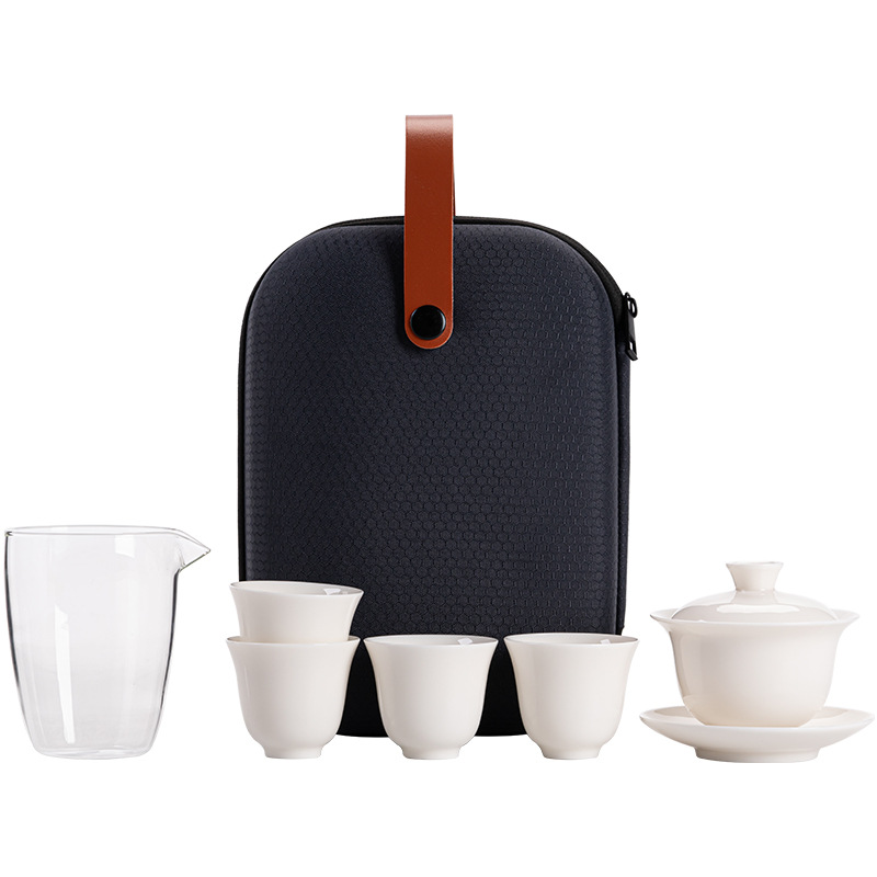 Bộ trà du lịch bằng sứ trắng ngọc bích Dehua 1 bát có nắp 4 tách trà Bộ trà Kung Fu du lịch di động ngoài trời