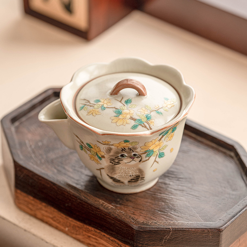 Bộ trà du lịch mèo dễ thương hoa vàng sứ Ru bộ trà gốm sứ di động tách trà pha trà ngoài trời một bình hai cốc bộ nhỏ