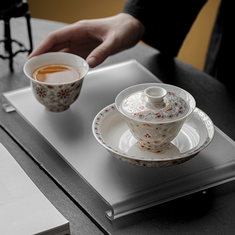 Shengtang Yeyan Bát sứ trắng Đĩa gốm Phụ kiện trà đạo Chậu sai vàng bạc Khay pha khô Chén dưa và đĩa giải khát trái cây