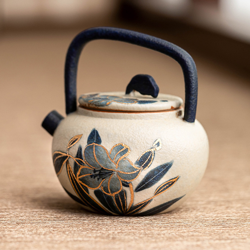 Ấm trà gốm sứ đá lửa trắng xanh, ấm cầm chùm hoa huệ vẽ tay bằng vàng, dụng cụ pha trà Kung Fu gia dụng, ấm đơn có lọc
