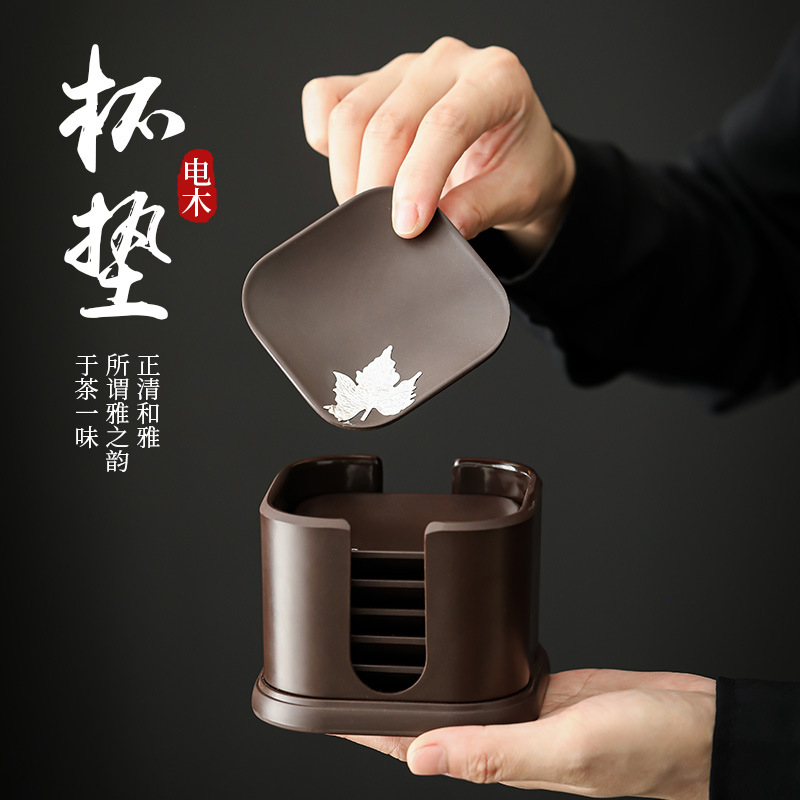 Lót cốc trà điện gỗ Bộ trà đạo Bộ đệm cách nhiệt lót cốc đựng đồ Bộ gỗ mun gia dụng kiểu Nhật