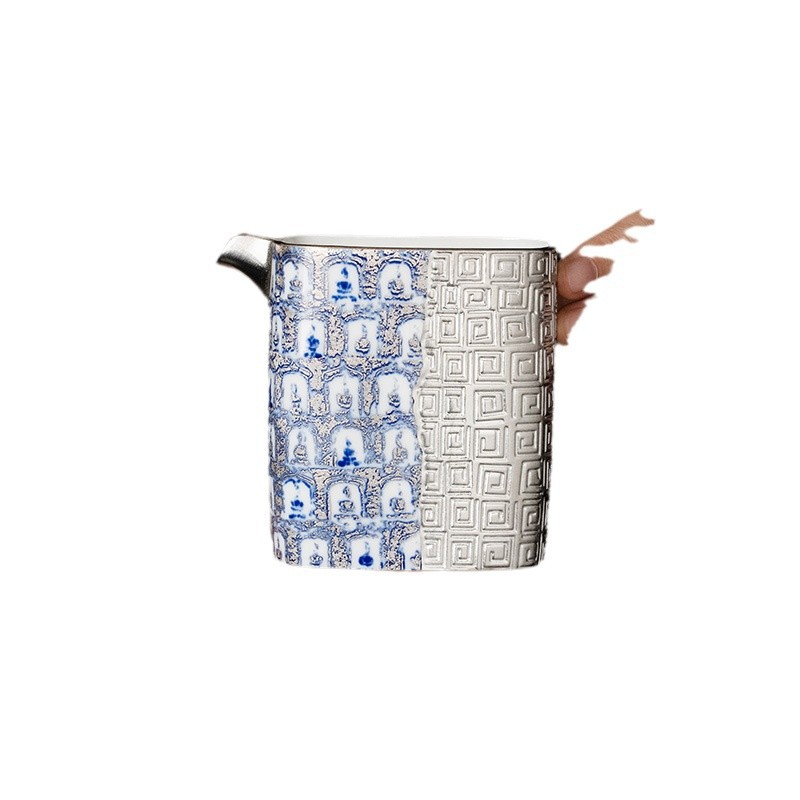 Bộ tách trà bốn phương ngàn phật xanh lam mạ bạc, quà sinh nhật nam nữ lãnh đạo người lớn tuổi, quà tặng khách hàng