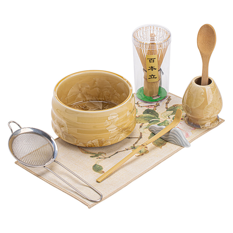 Bộ bát matcha gốm tám món với men nung trong lò, dụng cụ đánh bọt và khuấy trà thời nhà Tống, Bai Benli.