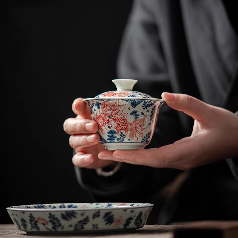 Bát có nắp ba tài gốm sứ, cốc trà, bát có nắp màu xanh và trắng, có thể lơ lửng dưới men, bát pha trà nổi, bộ trà cao cấp không nóng