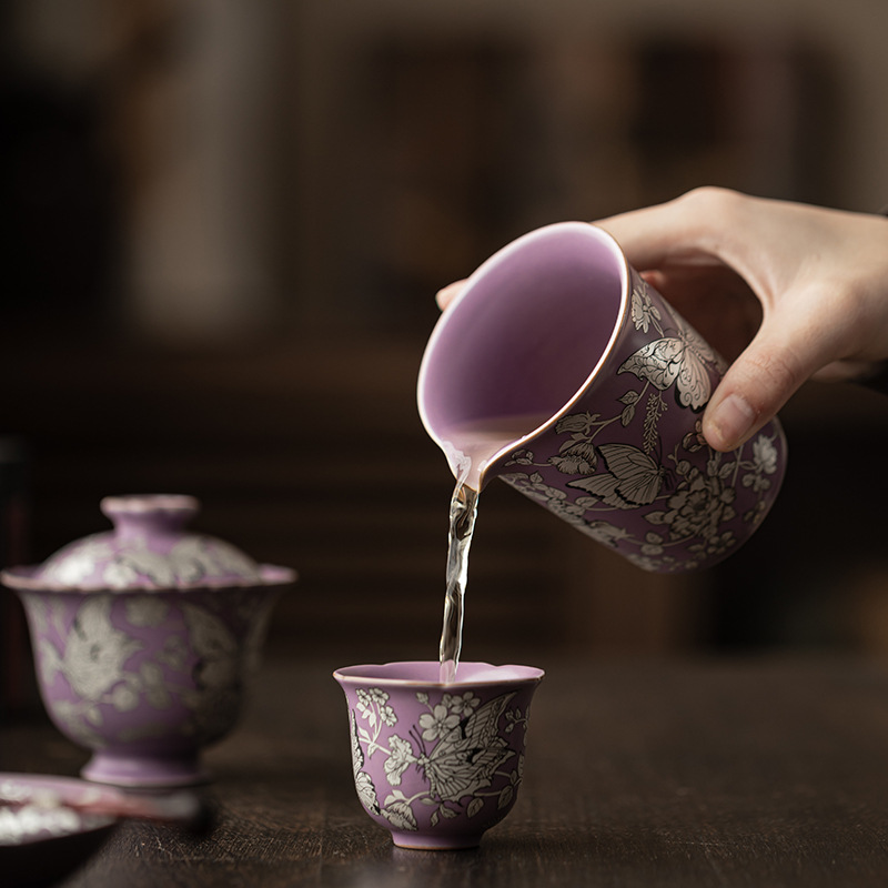 Ziru mạ bạc bướm tình yêu hoa mở lát có thể nâng cốc gốm sứ phụ kiện bộ trà phụ kiện bộ trà tách trà biển tách trà cốc đồng phục