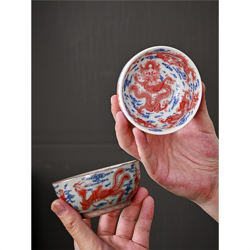 Cốc đôi rồng phượng cổ điển kiểu Trung Quốc cốc chủ nhân sứ trắng xanh bộ trà gốm sứ cốc pha trà dung tích lớn gia dụng cốc đơn bát trà