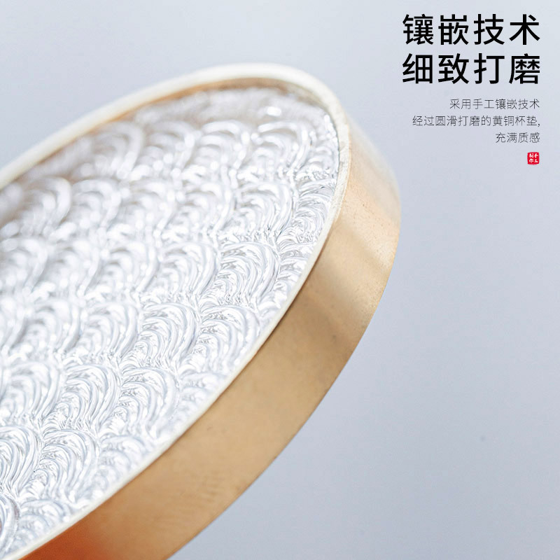 6 bộ đế lót ly gỗ Đàn hương đen, lót ly trà thủy tinh dát đồng thau, lót cách nhiệt hình tròn, Phụ Kiện Bộ trà khay trà kiểu Trung Quốc