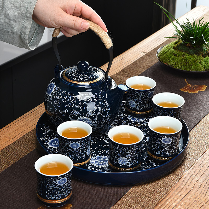 Bộ dụng cụ pha trà Jingdezhen bình đựng xà gốm sứ cao cấp sang trọng nhẹ ấm trà chiều dung tích lớn khay đựng cốc trà trọn bộ