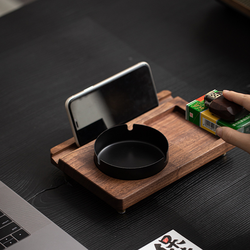 Gạt tàn gỗ óc chó đen kiểu giữa Daantang, đồ trang trí trang trí phụ kiện Bộ trà văn phòng cổ điển có nắp cho gia đình