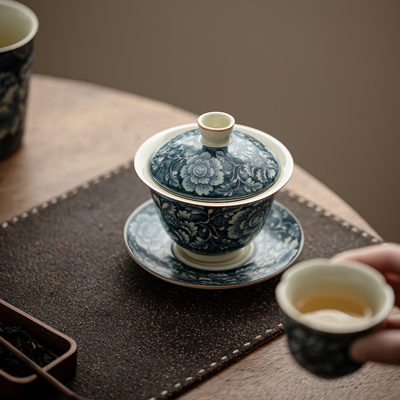 Bát Có Nắp Ba tài hoa trong lò Ru cổ, Bát pha trà gốm sứ có thể nuôi được, hộp quà, Bộ trà Kung Fu Trung Quốc