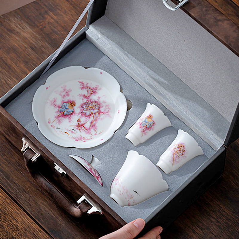 Bộ tách trà cốc trà có nắp sang trọng nhẹ bằng sứ ngọc bích chay cao cấp cốc trà di động Bộ trà Kung Fu du lịch ngoài trời