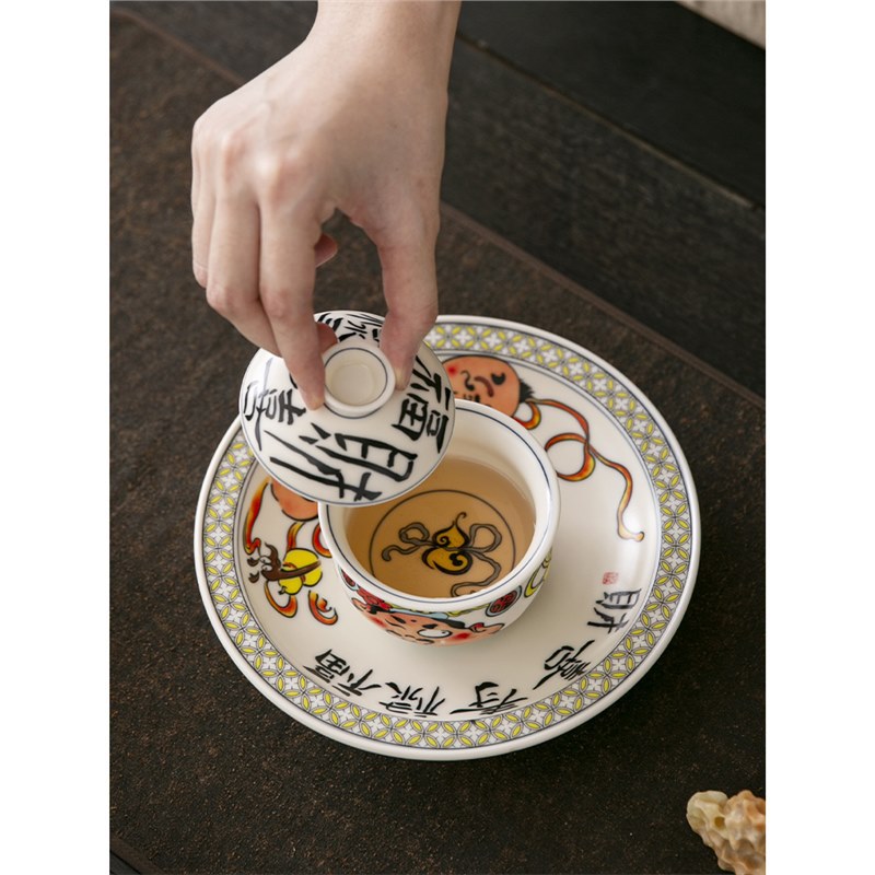 Chén trà gốm sứ lơ lửng nắp nhị tài dụng cụ pha trà đơn cao cấp cổ điển phong cách Trung Quốc bát trà chống bỏng Bộ trà Kung Fu