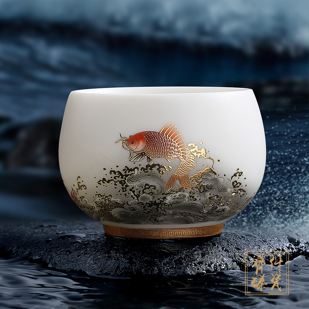 Đồ sứ trắng Dehua sơn vàng mỡ cừu cốc chủ nhân cốc trà cao cấp nướng chay trên toàn thế giới cốc trà đặc biệt cá nhân