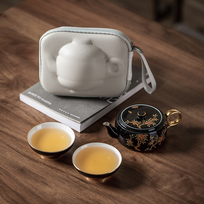 Ấm trà gốm sứ tráng men màu một ấm hai chén bộ trà du lịch bộ nhỏ kiểu Trung Quốc xách tay ngoài trời