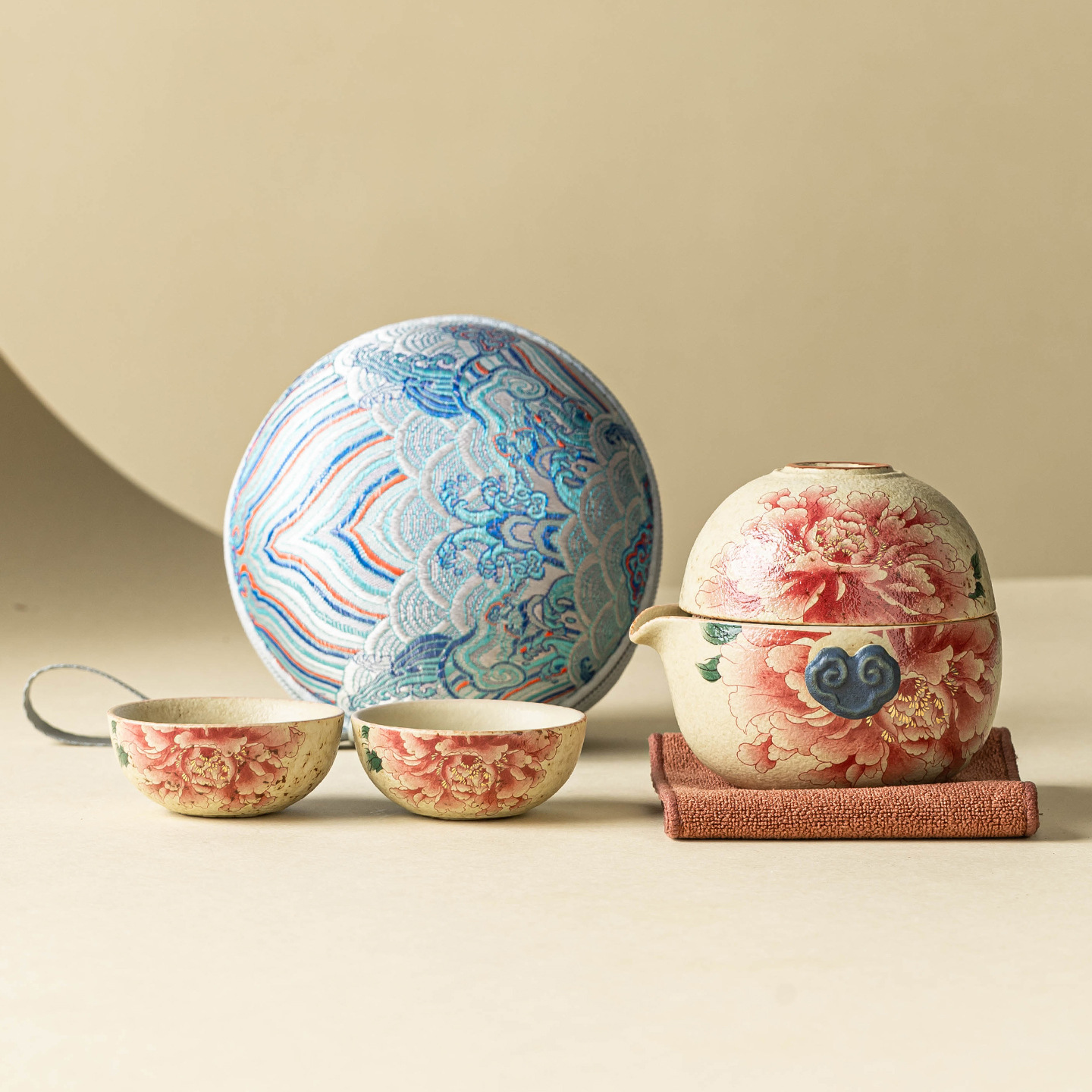 Bộ trà du lịch đá lửa trắng xanh bộ trà di động một ấm ba cốc thiết bị uống trà cắm trại ngoài trời cốc khách nhanh