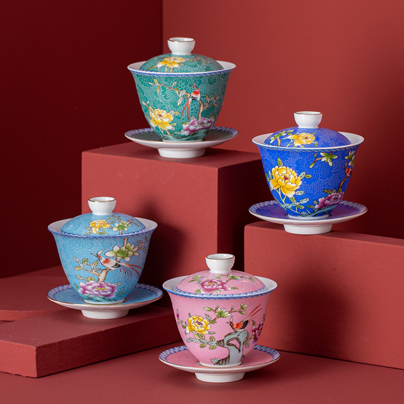 Bát có nắp sơn men gốm sứ, bát có nắp ba tài gia dụng cỡ lớn, bộ trà Kung Fu, bát pha trà, bán buôn bát trà