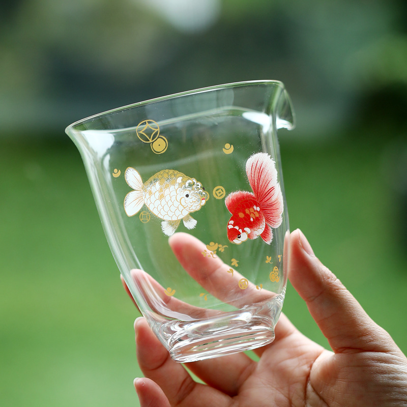 Cốc thủy tinh borosilicate trong suốt cao, vách ngăn trà decal thủ công, biển trà, phụ kiện trà đạo kung fu.