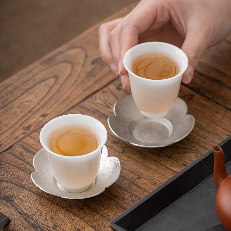 Hộp đựng cốc hoa thiếc nguyên chất, lót tách trà, phụ kiện trà đạo, lót cách nhiệt đĩa cốc, bán buôn thiền cổ điển thủ công