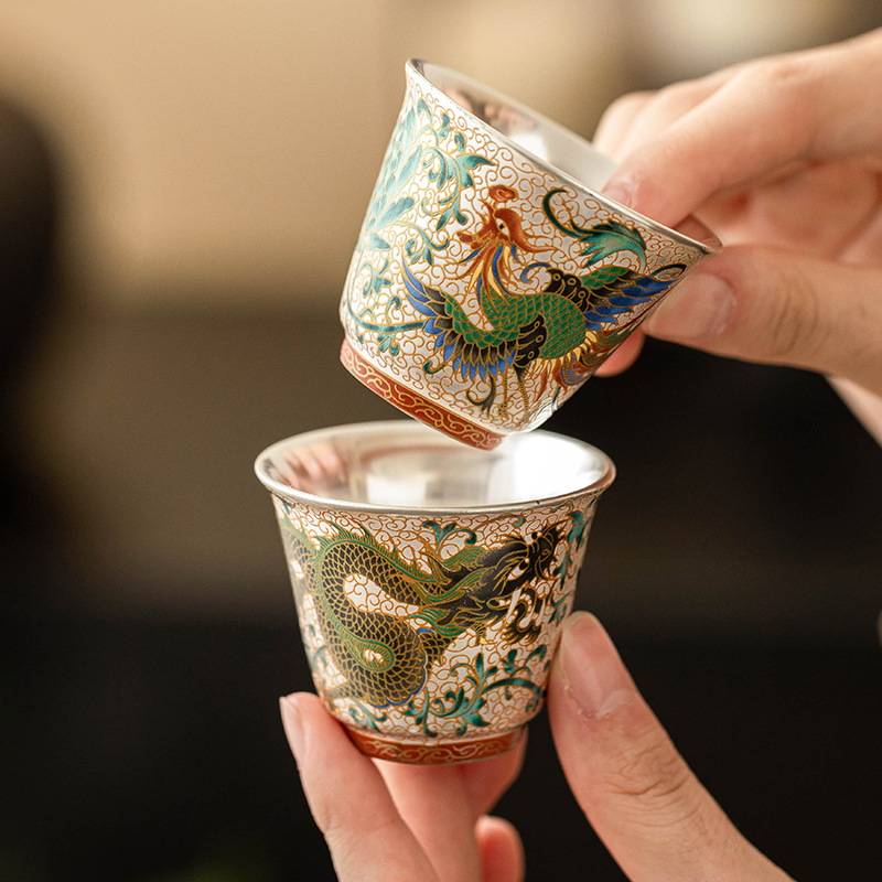 Cốc trà mạ bạc Long Phượng Tường cốc chủ nhân cao cấp sang trọng nhẹ bộ trà chuyên dụng dùng trong gia đình uống trà cốc pha trà