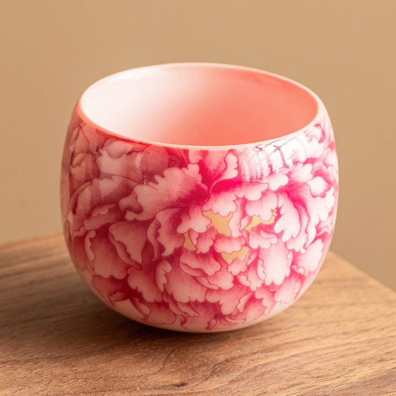 Cốc chủ nhân màu hồng, màu đỏ quốc gia, hoa mẫu đơn, bộ trà gốm sứ gia dụng, tách trà, tách trà, tách đơn