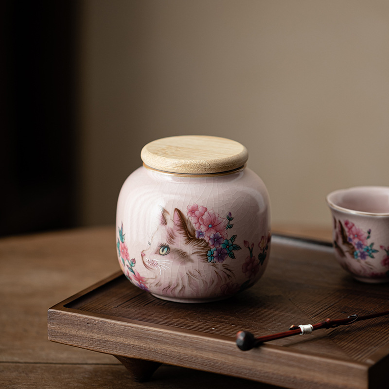 Hộp đựng trà mèo hoa lò Fenru, hộp đựng trà nhỏ bằng gốm, hộp kín chống ẩm, trà đen, trà xanh, kho trà Pu'er