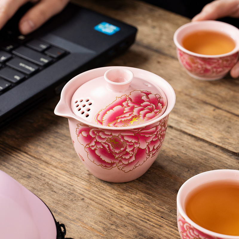 Bộ trà du lịch đổi màu lò nung Ru màu hồng dành cho một người, cắm trại ngoài trời di động Cốc nhanh đơn giản có túi đựng.