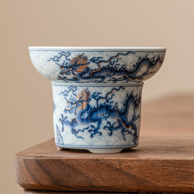 Bộ lọc trà rò rỉ trà cổ điển họa tiết rồng xanh và trắng vàng bạc phụ kiện bộ trà Kung Fu cao cấp bộ lọc trà gốm sứ