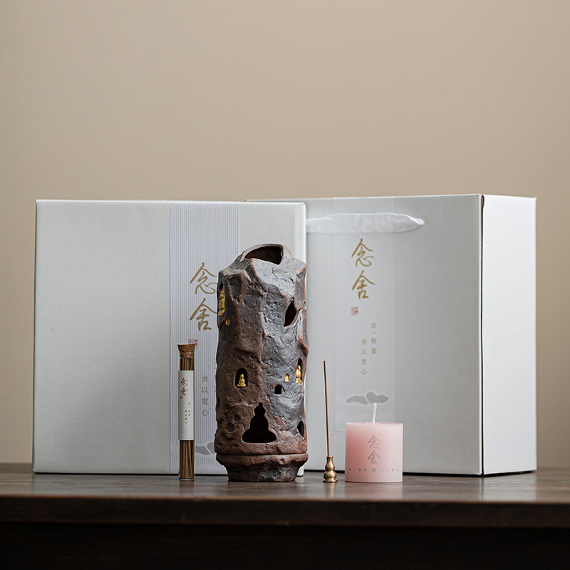 Bộ lư hương ngàn phật đất đá cũ, bộ lư hương gốm sứ sáng tạo, chân nến, lư hương, đồ trang trí trà đạo, quà tặng cầm tay