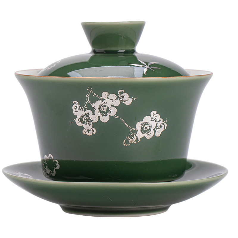 Màu xanh lá cây hương thơm tối ô rộng ba chỉ bát có nắp gốm sứ cốc trà lớn bát trà