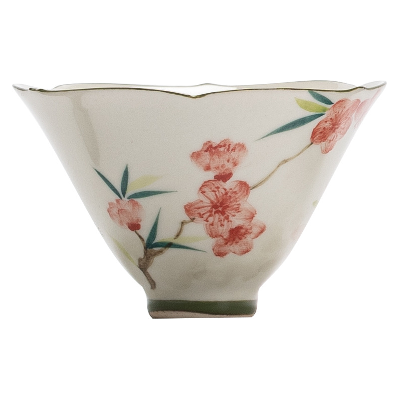 Cốc xô hoa đào vẽ tay cốc đơn cốc trà Kung Fu cao cấp cốc chủ nhân cốc gốm sứ bộ trà đơn hộp quà tách trà