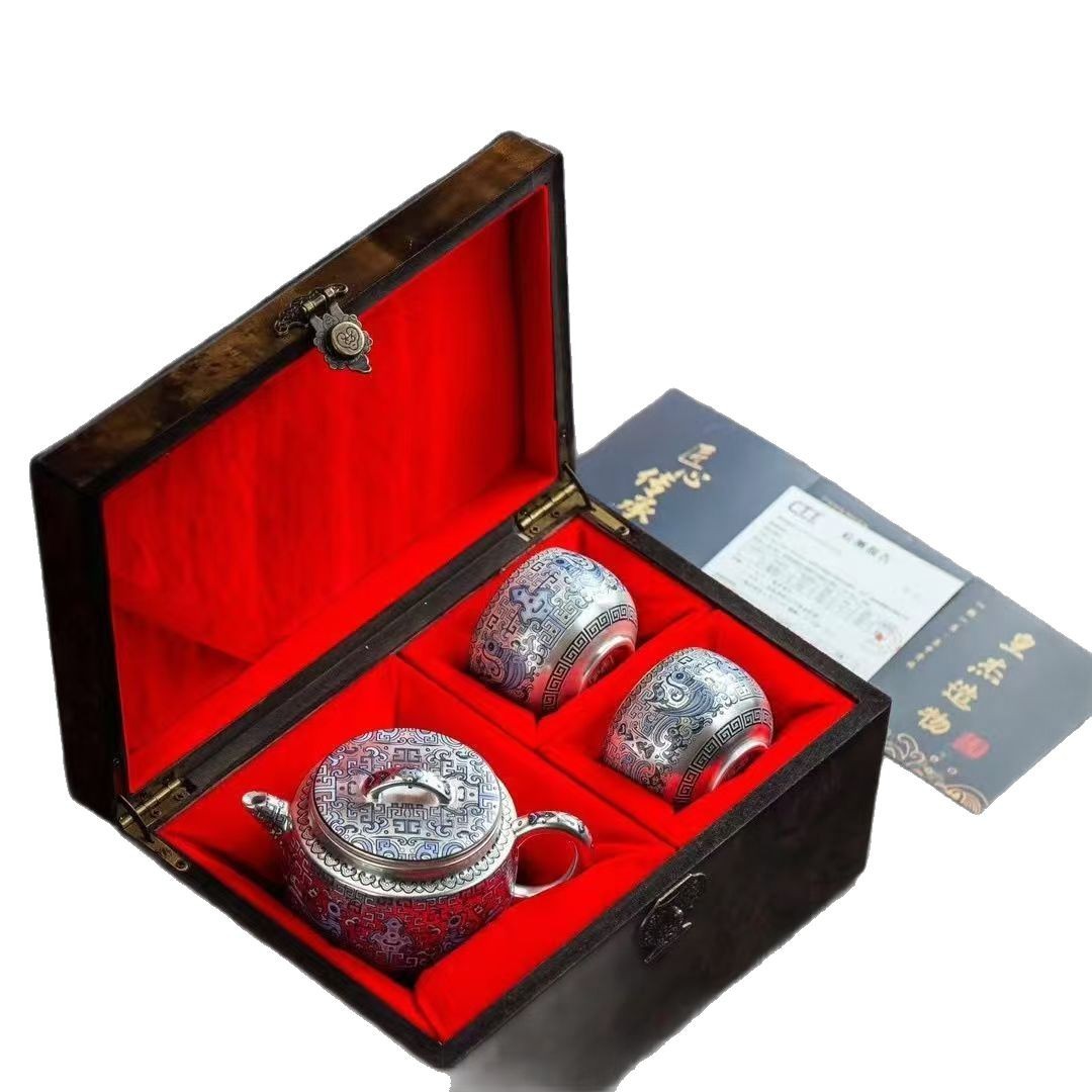 Bộ trà bạc Zhou Hongjie 999 bộ một ấm hai cốc hộp quà ấm pha trà tinh tế bộ trà Kung Fu