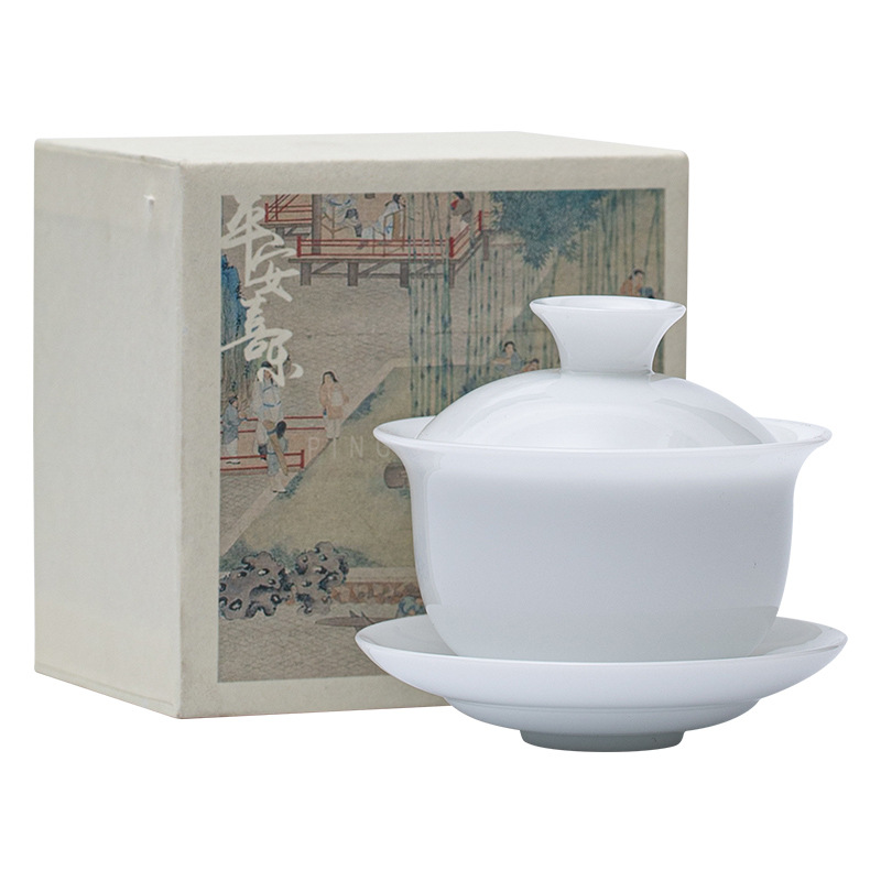 Bát có nắp tròn bằng sứ ngọc bích loại đá bát có nắp bằng gốm sứ thủ công Cốc pha trà Bát tam tài Bát trà gia dụng Hộp quà tặng