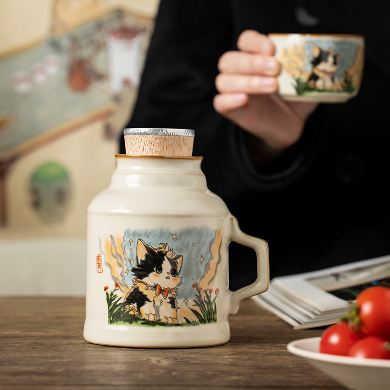 Cốc pha trà ấm mèo dễ thương Ru Kiln cốc pha trà hầm gốm sứ sáng tạo dung tích lớn cho văn phòng cốc uống nước