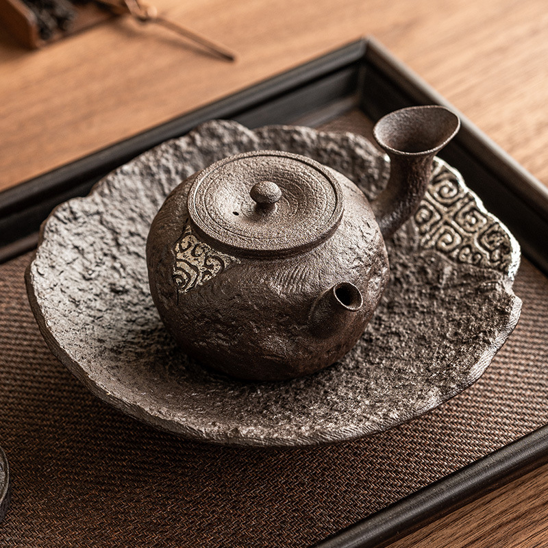 Ấm tay cầm bên mặt trăng lưỡi liềm màu bạc gốm cũ ấm trà cổ điển pha trà dụng cụ trà Kungfu gia dụng có lọc ấm đơn dung tích lớn
