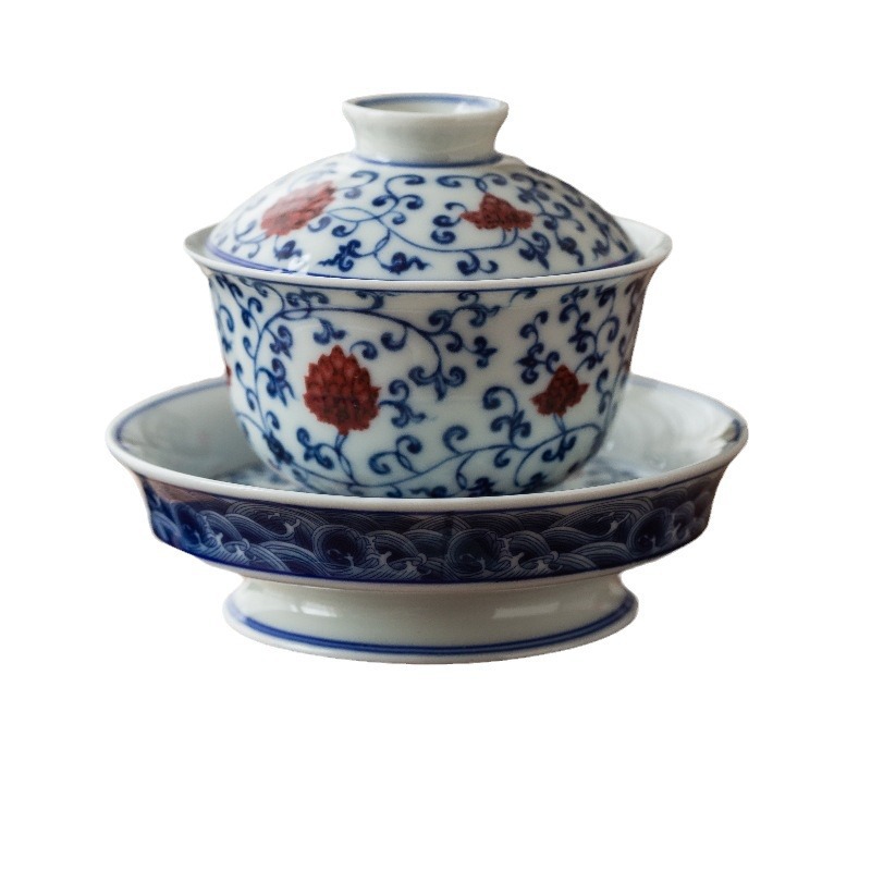 Bát có nắp ba tài bằng sứ trắng xanh, bát có nắp lớn, bát pha trà thủ công, bát trà tráng men đỏ, nhà sản xuất bán buôn