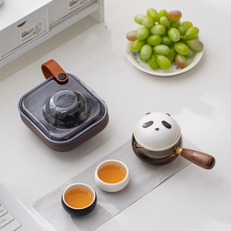 Bộ trà du lịch tay cầm bên gấu trúc một ấm hai cốc cốc xe hơi di động gia dụng bộ trà ngoài trời