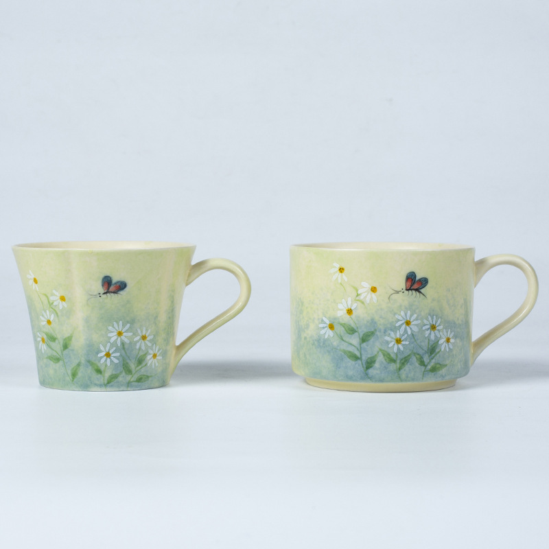 Cốc cà phê vẽ tay, hoa cúc tráng men, cốc nước gốm sứ giá trị cao, cốc trà chiều gia dụng nữ, sang trọng nhẹ nhàng
