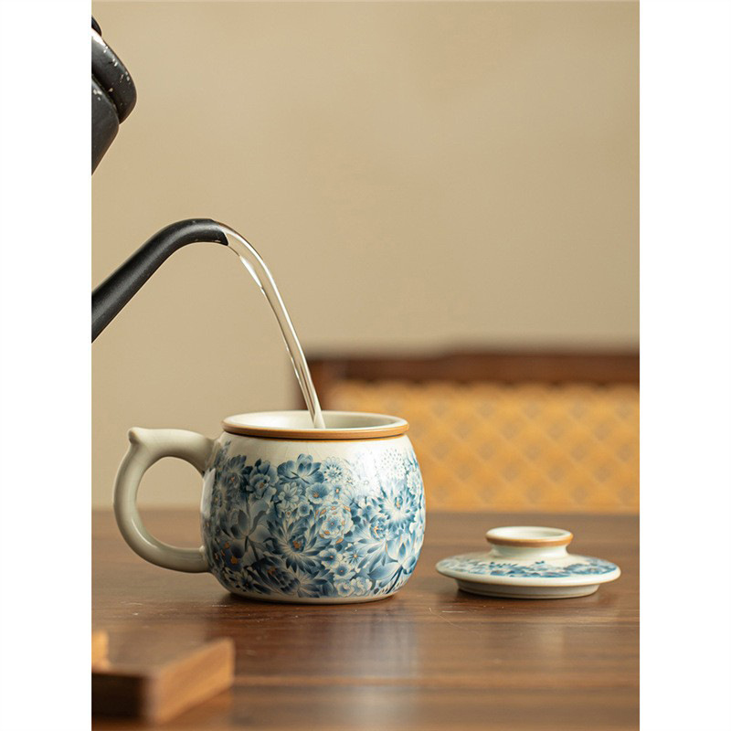 Cốc pha trà lọc gốm sứ Ru Kiln Jinwanhua Cốc pha trà tách trà cốc văn phòng có nắp chuyên dụng cá nhân