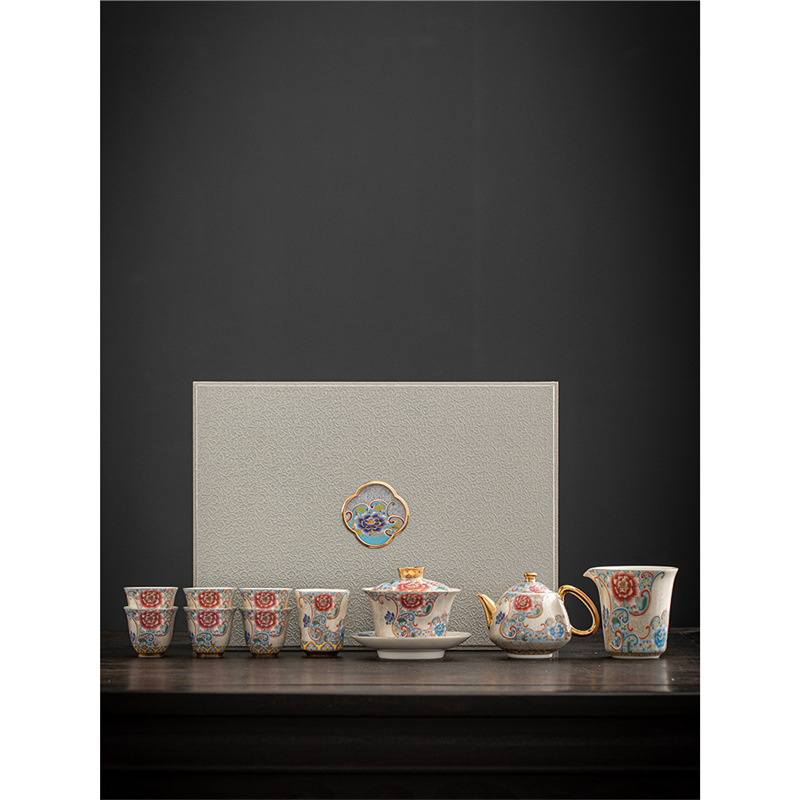 Ấm trà cloisonné bạc nguyên chất thủ công, bát trà ba tài năng bằng gốm sứ, cốc công bằng, bộ trà Kung Fu tinh tế, hộp quà
