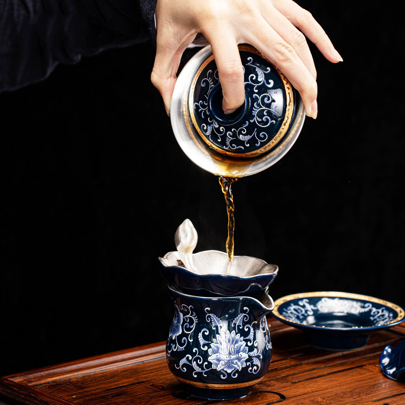 Bát có nắp mạ bạc bằng sứ trắng xanh Jingdezhen bát trà gốm sứ cốc trà lớn bộ trà Kung Fu cao cấp cốc trà gia dụng