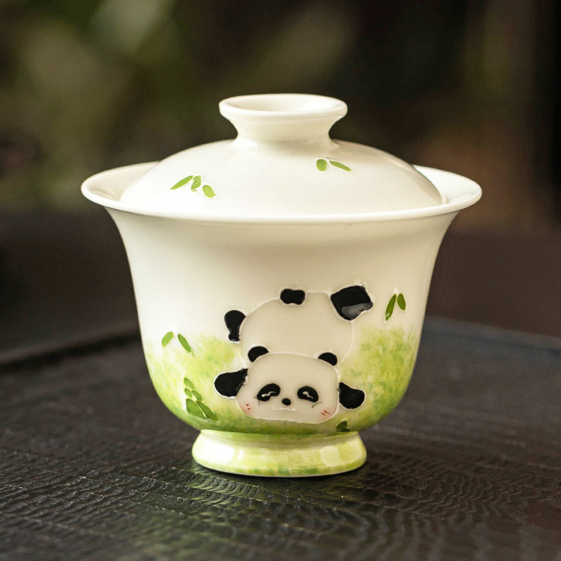 Vẽ tay đống chạm khắc gấu trúc nắp bát trà chén chén trà gia dụng men xám thực vật bộ trà Kung Fu đơn chống bỏng hộp quà