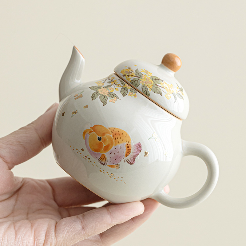 Ấm hình cá osmanthus vàng xám cỏ phong cách Trung Quốc ấm hình ảnh ấm trà gốm sứ gia dụng bộ trà Kung Fu ấm trà Trung Quốc quà tặng
