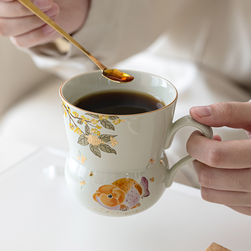 Cốc hồ lô cá osmanthus vàng xám thực vật phong cách quốc gia cốc uống nước văn phòng tại nhà cốc cà phê cá nhân quà tặng