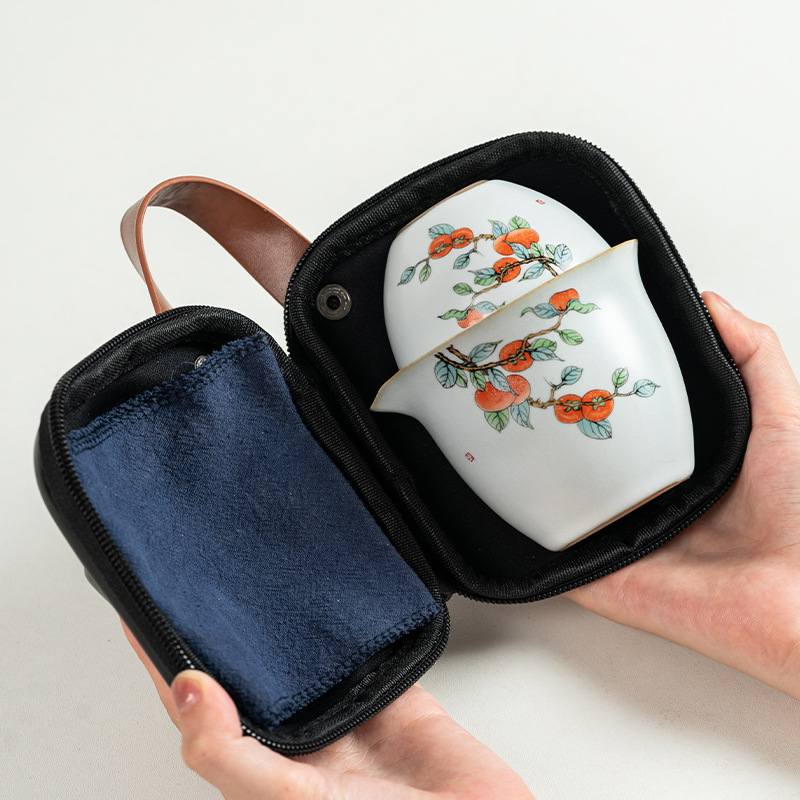 Bộ ấm trà du lịch Lò nung quả hồng Heshantang, túi đựng đồ xách tay, ấm trà đi kèm, cốc nhanh, một ấm ba cốc