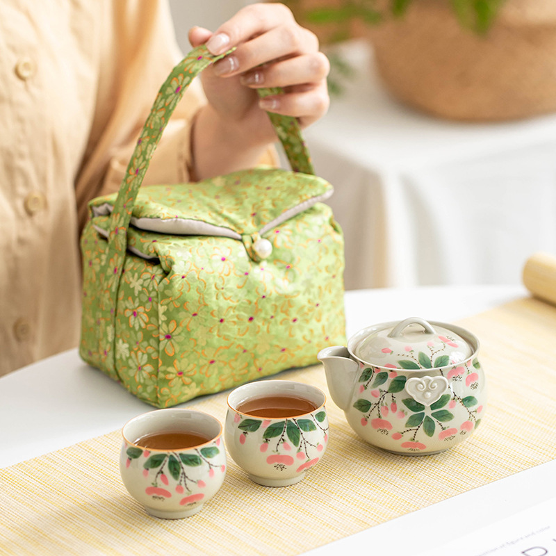 Bộ trà Kung Fu lõi hoa vẽ tay tinh khiết Bộ trà thực vật màu xám men màu một bình hai cốc Bộ đồ du lịch gốm sứ gia dụng