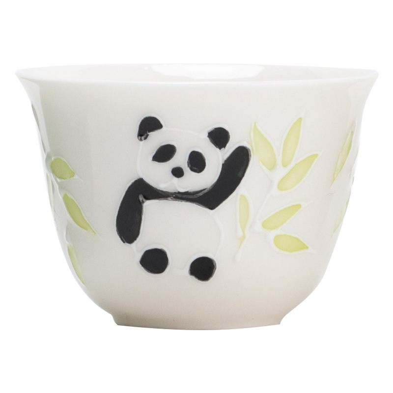 Panda Fa Cai vẽ tay đống chạm khắc cốc trà cốc đơn Đức Hoa sứ trắng Kung Fu cốc chủ nhân cốc trà phong cách Trung Quốc