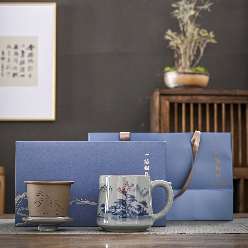 Cốc văn phòng vẽ tay đất sét già có nắp lọc lót tách trà cốc nước dung tích lớn