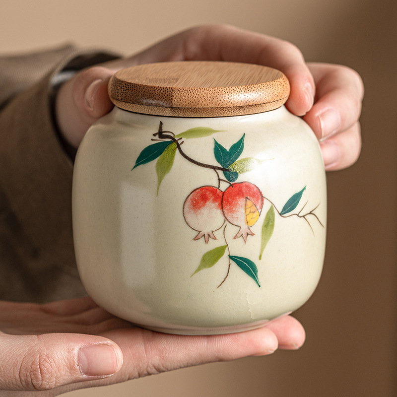 Nồi trà lựu vẽ tay Ru Kiln, bình kín cầm tay chống ẩm nhỏ, bình đựng trà nắp tre gia dụng, kho trà gốm sứ